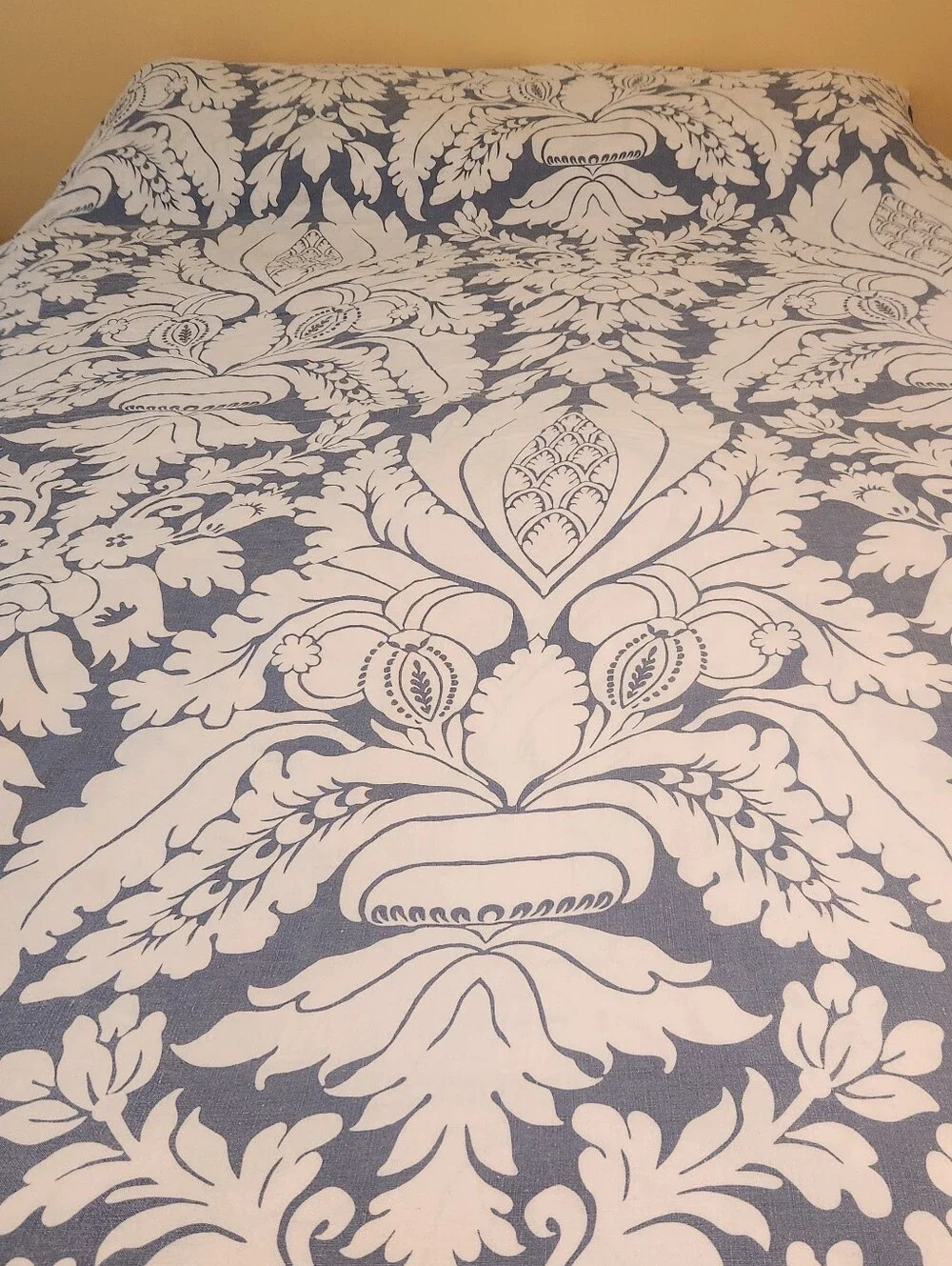 POTTERY BARN Chardonnet Damask Duvet Cover King Blue 100% Linen Bedding Rare